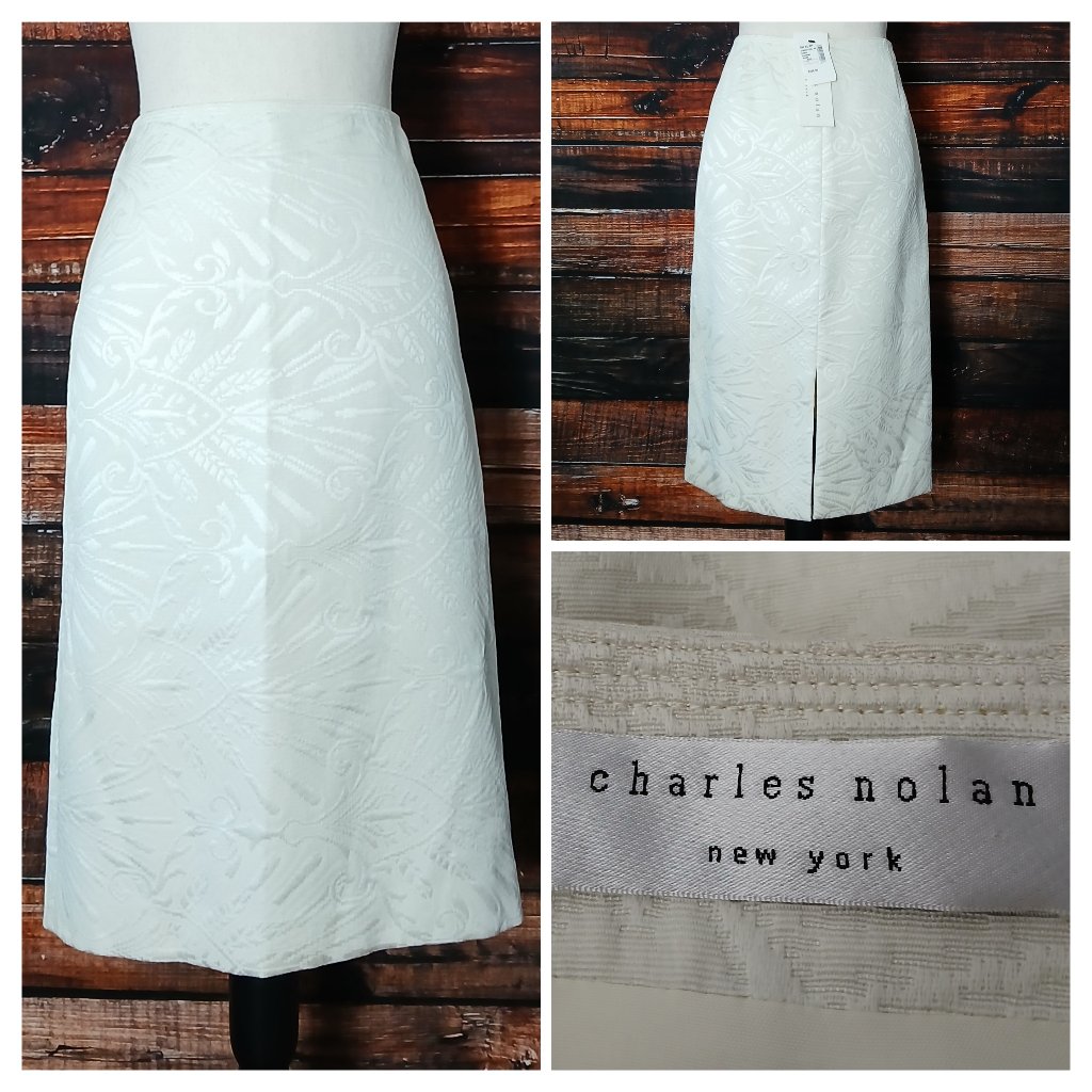 Nwt Charles Nolan Ny Pencil Skirt 10 Ivory Jacquard Zip Back Lined Saks 5th Ave